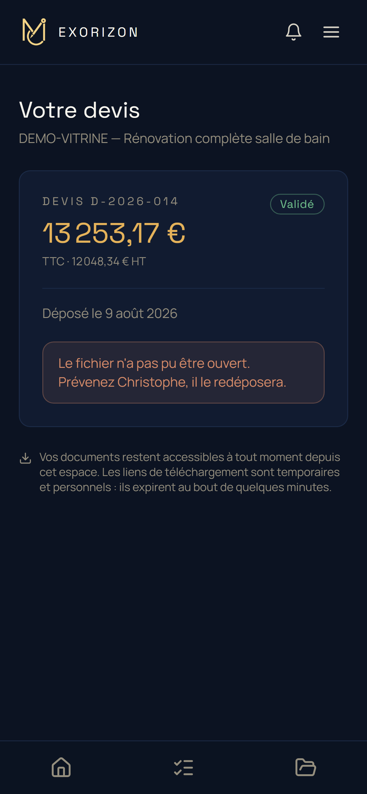 Le devis dans l'espace client, en attente de validation